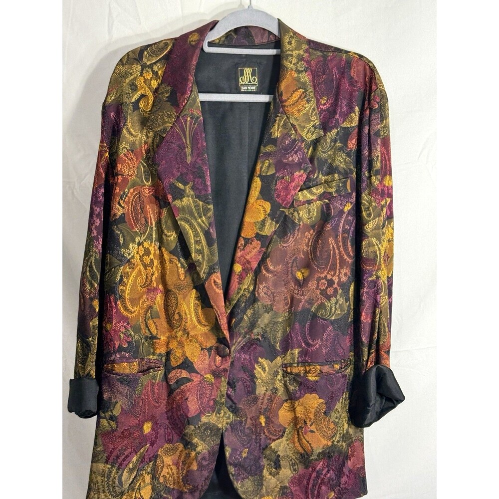 San Moire Women’s Maroon/Gold/Blk Embossed Long Blazer Single Button Sz 14